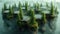 Mystical Landscape, Lush Pines on Floating Islands Amidst Misty Light