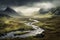 Mystical landscape of the Scottish Highlands, with rolling hills, mist-covered mountains, and a sense of ancient magic and mystery