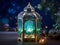 A mystical lantern crafted from shimmering sapphire and emerald gems Ramadan theme Generative Ai