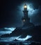 A mystical lighthouse, couds, moonlight and light