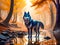 Mystical Magical wid wolf standing in stream in the forest at autumn time