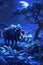 Mystical Moonlit Night in a Magical Forest with a Luminous Rhinoceros and Ethereal Landscape