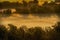 Mystical morning landscape with fog over a clearing with an old wooden fence