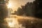 Mystical Morning: Sunlight Piercing through Misty River, photo of sun shining through the morning mist over the water of