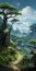 Mystical Mountain Path With Peculiar Cedar - Art Inspired By Miyazaki Hayao