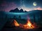 Mystical night landscape in the foreground hike campfire and tent. Generative AI