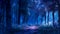 Mystical night scene of a serene forest path bathed in ethereal blue light