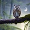 A mystical owl with antlers, perched on a moss-covered branch in a mysterious moonlit forest1, Generative AI