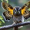 A mystical owl with butterfly wings, perched on a branch adorned with shimmering crystals5, Generative AI
