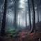 mystical pine forest fog dark colors, Generative AI