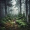 mystical pine forest fog dark colors, Generative AI