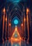 Mystical portal at the temple. Magic glowing runes. Fantasy vertical illustration