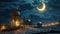 Mystical Ramadan night: decorated lantern lights and crescent moon in the night sky.