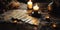 mystical ritual with candles and tarot cards, top view