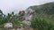 A mystical rock among white clouds and Christmas trees in the mountains