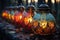 Mystical row of lanterns with detailed designs, casting a warm and inviting glow against the dusk of an autumn evening.
