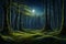 A mystical scene of fireflies illuminating a tranquil, mossy forest glade under a moonlit, starry sky
