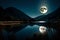 A mystical scene of a full moon shining over a tranquil lake surrounded by dark, shadowy hills