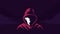 Mystical silhouette of acharacter in hoodie . Mysterious cyber hacker red sweatshirt in twilight.