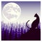 Mystical silhouette of a cat against the background of the moon