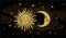 Mystical sky boho banner, golden sun and moon with a face on a black background. Magic print for astrology, tarot, witch