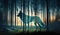 Mystical spirit wolf from another dimension, manifesting in glowing energy form, in a forest at sunset. Generative AI