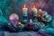 Mystical still life with glowing candles and crystal ball surrounded by gemstones. ethereal and magical atmosphere