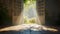 Mystical sunlight streaming through open doors into a forest. peaceful, dreamy, and surreal scene. perfect for