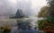 Mystical swamp with trees with a reflection in the water on a foggy morning