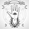 Mystical symbol: human hand, Eye of Providence, sacred geometry.