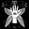 Mystical symbol: human hand, Eye of Providence, sacred geometry.