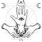Mystical symbol: human hand, Eye of Providence, sacred geometry. Esoteric, religion, occultism.