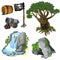 Mystical tree, cave, waterfall and pirate symbols