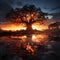 Mystical Twilight: Dramatic Clouds Surrounding a Magical Tree. Generative AI