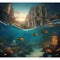 A mystical underwater city, with ruins and sea creatures, creating a sense of awe and wonder1