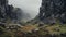 Mystical Valley: A Weathered Landscape Of Fog, Rocks, And Mountains