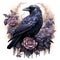 Mystical Watercolor Gothic Raven with Roses on White Background AI Generated