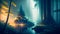 Mystical Waterfall: Enchanting Journey through a Misty Druid Forest with Fireflies and Lanterns