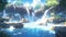 A mystical waterfall flowing into a crystal-clear pool, surrounded by ancient ruins manga cartoon style by AI generated