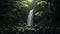 Mystical waterfall in the middle of a dense jungle with bright sun rays shining through the top of the trees