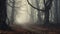 A mystical white fog drifts through a depressing autumn forest, creating a mood of sadness and loneliness