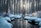Mystical winter landscape featuring a flowing river surrounded by snow-covered rocks, with tall, snow-laden trees linin.