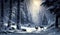 Mystical Winter Wonderland: Enchanting Moonlit Forest with Frosty Pines and Grazing Deer - Capturing Ethereal Beauty