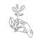 Mystical witch hand with ring and stars holds plant with leaves. Hand drawn magical doodle element for spiritual design. Vector