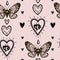 mystical witch vector pattern with hearts, butterflies and heart gem