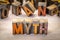 Myth word abstract in letterpress wood type