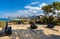 Mythic Andromedaâ€™s Rocks at Abrasha Park within Old City of Jaffa historic quarter with Mediterranean sea and downtown Tel Aviv