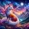 A mythical animal of beautiful fox, in a breathtaking mountain, at a spring night, with moon, stars, flower, colorful, painting