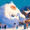 Mythical Creature Joyfully Engages with Village, Perfect for Winter Wonderland Imagery