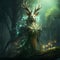 Mythical forest guardian ancient creature, towering trees, mystical aura, enchanted woods